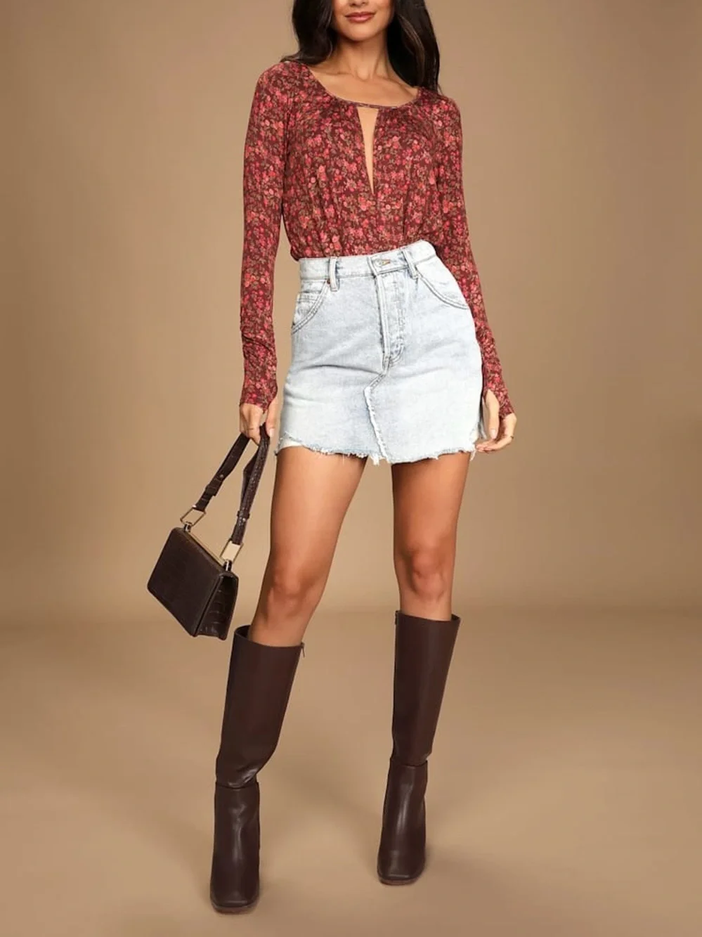 Free People Kaya Floral Printed Cutout Bodysuit Size L Chocolate Red